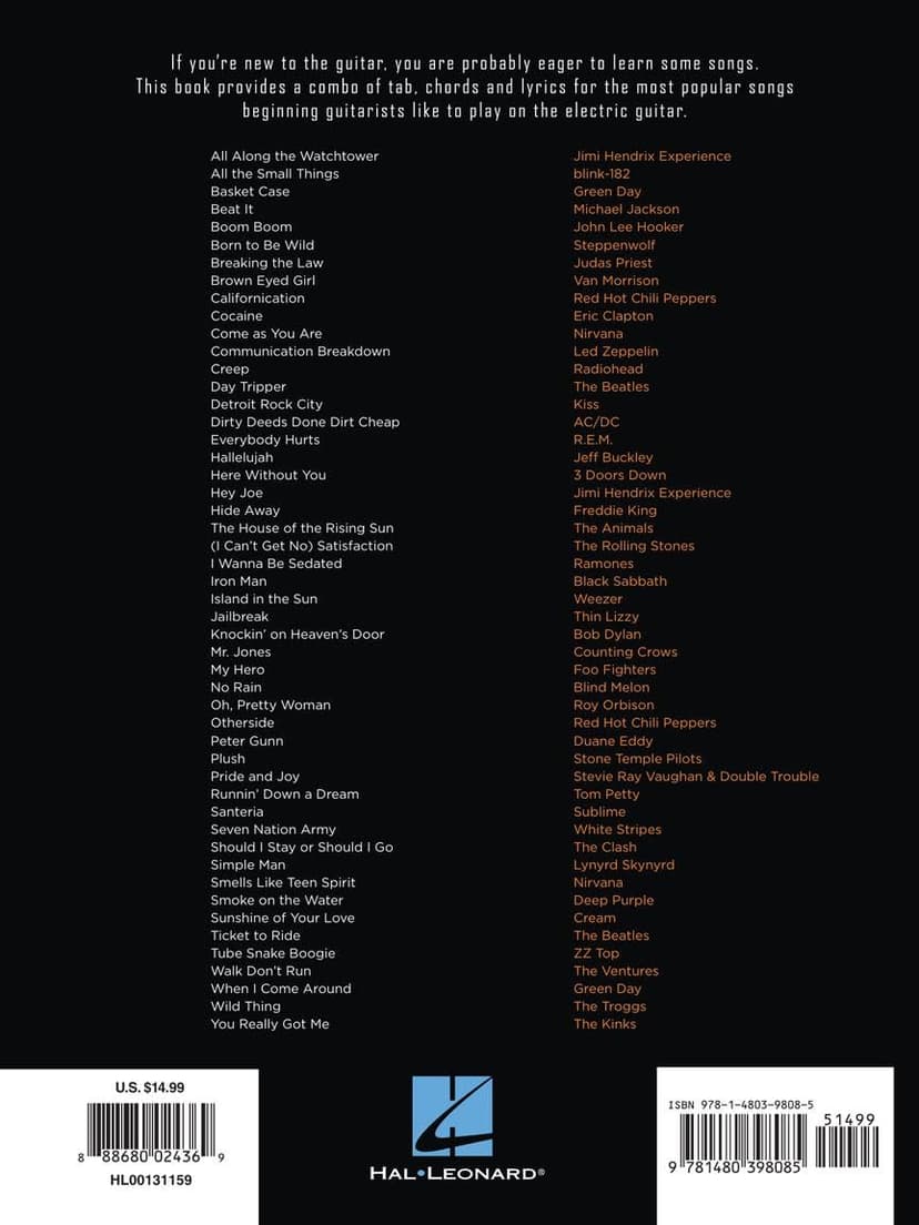 First 50 Songs You Should Play on Electric Guitar | Rock Guitar Tab Songbook for Beginners and Intermediate Players | Learn Classic Rock Riffs Solos and Chords from Nirvana Metallica Queen and More