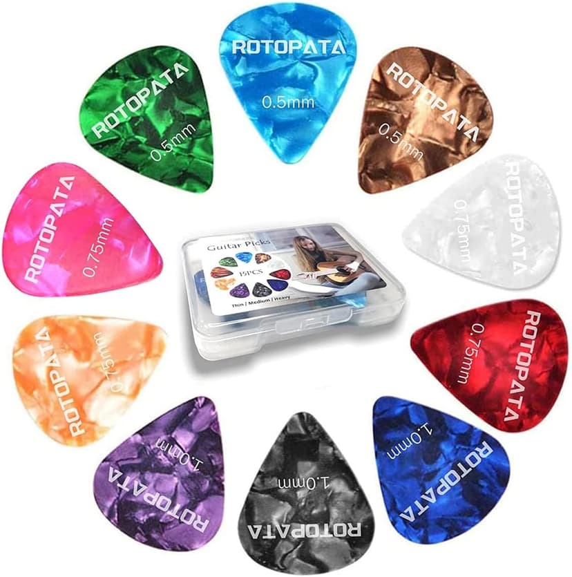 ROTOPATA Guitar Picks with Organizer Storage Box, 0.5 0.75 1.0 mm Thin Medium Heavy Plectrums, Colorful Celluloid Guitar Accessories for Bass Electric Acoustic Guitars Ukulele, 15 Pack
