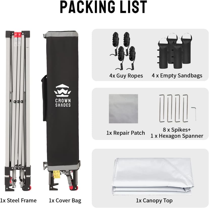 CROWN SHADES 10x10 Pop Up Canopy - Beach Tent with One Push Setup - Easy Outdoor Sun Shade for Events, Parties, Camping - Gazebo with STO-N-Go Cover Bag, Silver Coated Top, Grid White