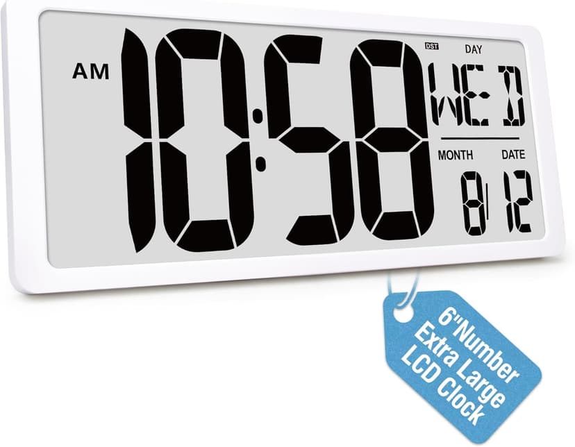Large Digital (6" Numbers) Wall Clock Battery Operated, 18.4" Walll Clock Display with Day, Date & Temperature, Large Wall Clock for Bedroom, Livingroom, Office