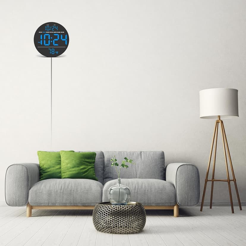 Digital Wall Clock with Large LED Display, Date, Temperature, Auto-Brightness | Small [PLUG-IN] Clock | Modern Electric Wall Clock for Bedroom, Classroom, Living Room, Home, Office, Farmhouse - Blue