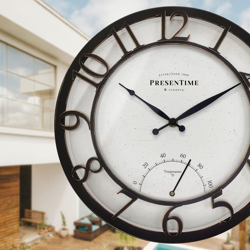 Presentime & Co 13" Farmhouse Outdoor Wall Clock w/Outdoor Thermometer, Cottage Style, Raised 3D Arabic Numerals, Oil Rubbed Bronze Finish (Wall Clock for Patio, Cottage, Poolside, Garden Spaces)