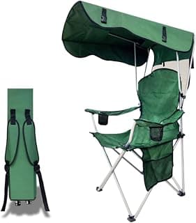 Portable Camping Chair with Canopy Shade - Folding Lounge Chair with Cup Holder & Side Pocket for Outdoor Camping, Fishing, Beach - Support 330 LBS - Green