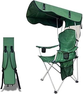 Portable Camping Chair with Canopy Shade - Folding Lounge Chair with Cup Holder & Side Pocket for Outdoor Camping, Fishing, Beach - Support 330 LBS - Green