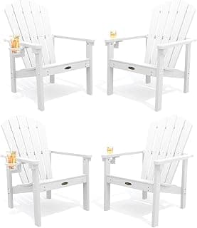 THOEOE Stackable Adirondack Chair Set of 4, HDPE All-Weather Adirondack Chairs - Durable and Space Saving, Plastic Outdoor Fire Pit Chairs with Cup Holder,White