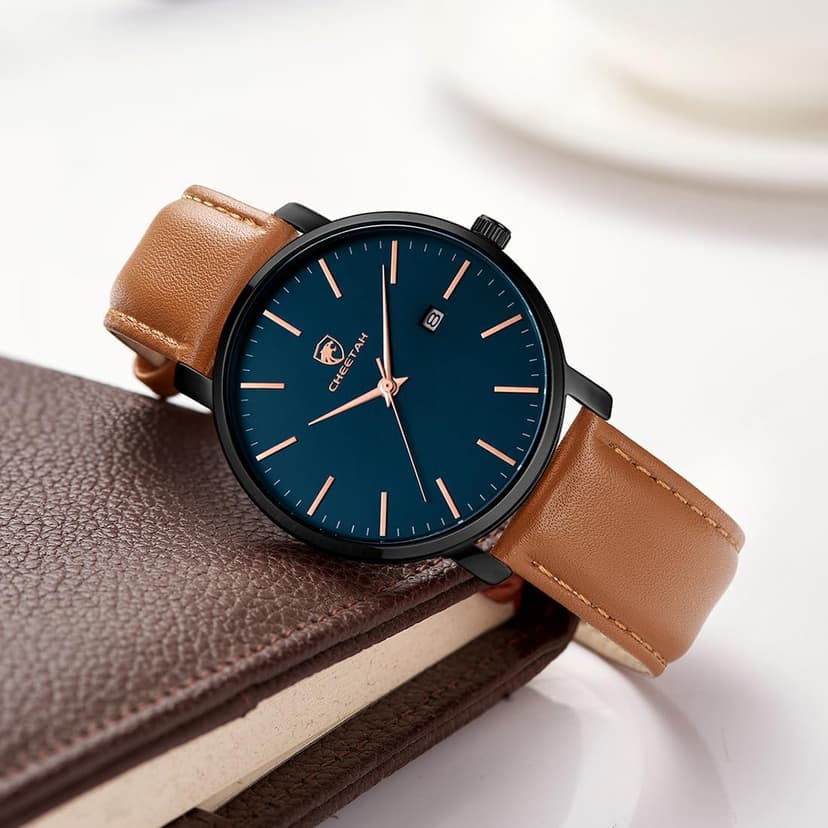 CHEETAH Minimalist Waterproof Quartz Watches for Men with Leather Strap, Auto Date