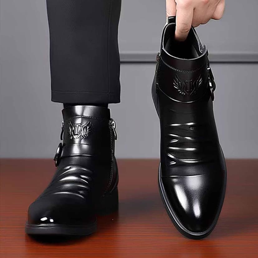 DONRRNDK Men's Leather Embossed Pattern Ankle Boots with Buckle Strap Retro Round Toe Side Zipper Non Slip Block Low Heel Dress Booties for Formal Casual Wear Short Boots