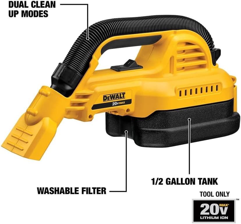 DEWALT 20V MAX Hand Vacuum, Cordless, for Wet or Dry Surfaces, 1/2-Gallon Tank, Washable Filter, Portable, Bare Tool Only (DCV517B)