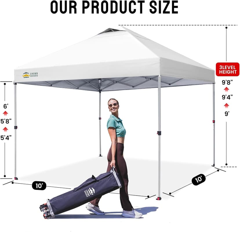 CROWN SHADES 10x10 Pop Up Canopy - Beach Tent with One Push Setup - Easy Outdoor Sun Shade for Events, Parties, Camping - Gazebo with STO-N-Go Cover Bag, Silver Coated Top, Grid White