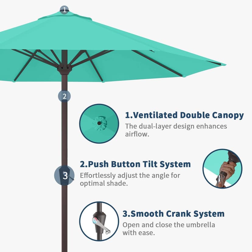 9FT Patio Umbrella with Fiberglass Ribs, Outdoor Market Table Umbrella with Crank and Tilt, UV Resistant Waterproof Canopy for Patio, Garden, Deck, Pool, Turquoise Blue