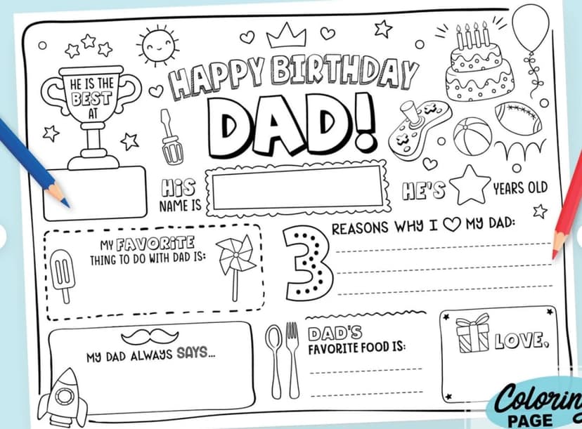 CJ&M Happy Birthday Dad Coloring Page | All About Dad Fill In Template | Father’s Birthday Activity | Dad’s Birthday Card for Kids.Perfect craft gift from kids for Father’s Birthday.