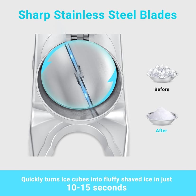 Electric Ice Shaver Machine, Dual Blade &178 lbs/hr | 300W Ice Crusher for Home Use and Commercial, Shaved Ice Machine, Ice Grinder, Ice Pick & Extra Blades, ETL-Listed, Silver