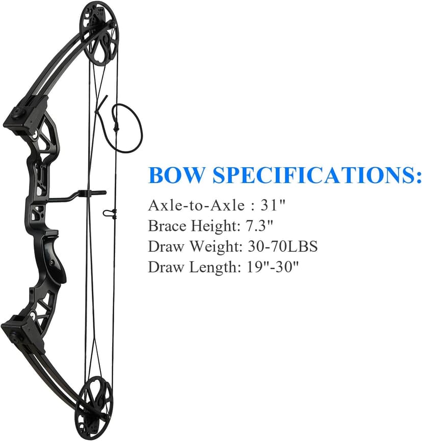 Ready to Hunt Compound Bow Package for Adults，20-70 Lbs Draw Weight, No Bow Press Needed,19”-30” Draw Length,Right Hand Archery Compound Bows Draw Weight Adjustable，Hunting Bow Kit for Beginner