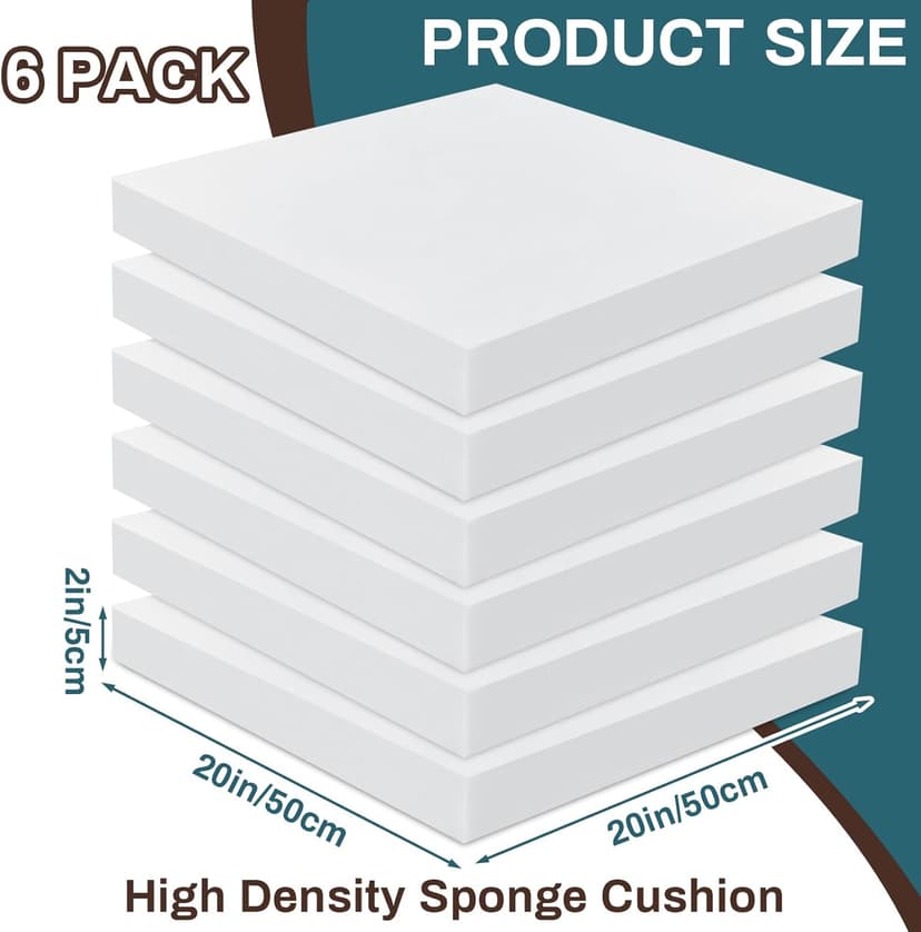 Frienda 6 Pack 2" X 20" X 20" Upholstery High Density Foam Cushion White Square Seat Replacement Cushion or Commercial Use Stuffing Craft Foam Couch Chair Padding DIY Projects