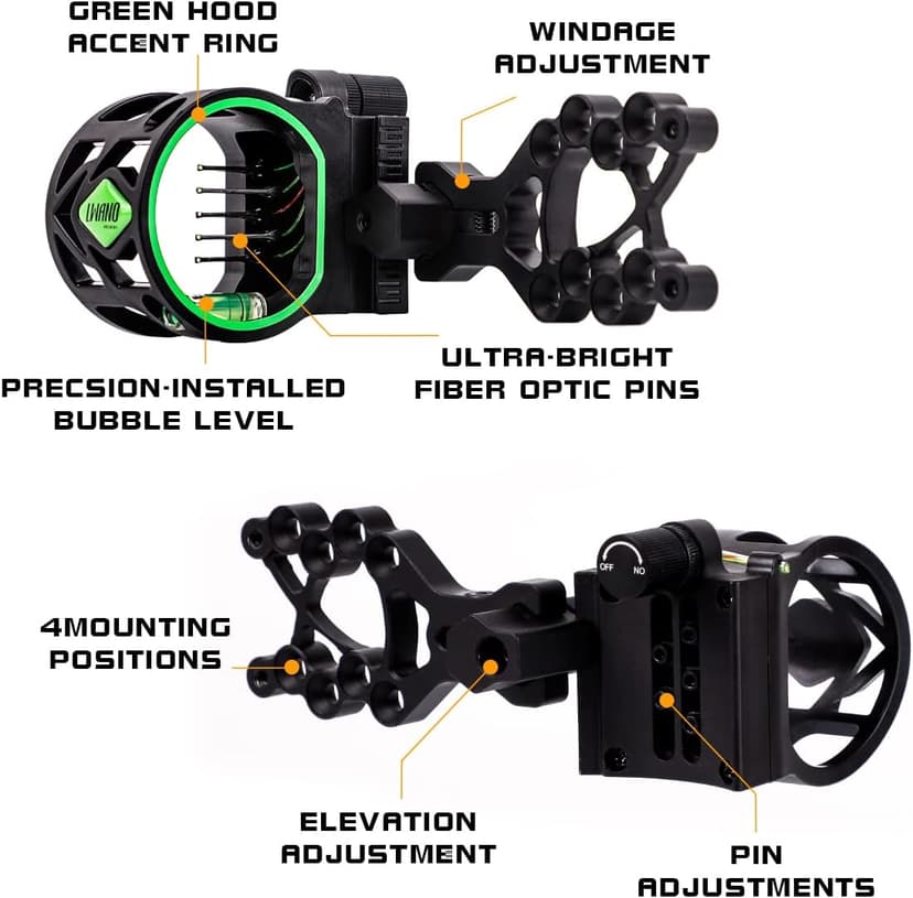 LWANO 5 Pin Bow Sight with Rheostat Light and Reversible Mount Design