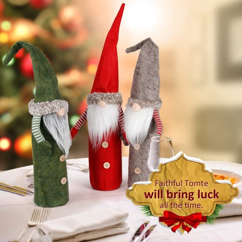 D-FantiX Christmas Gnomes Wine Bottle Cover, Handmade Swedish Tomte Gnomes Wine Toppers Santa Claus Bottle Bags with Drawstring Style Holiday Home Christmas Decorations Gift 3 Pack