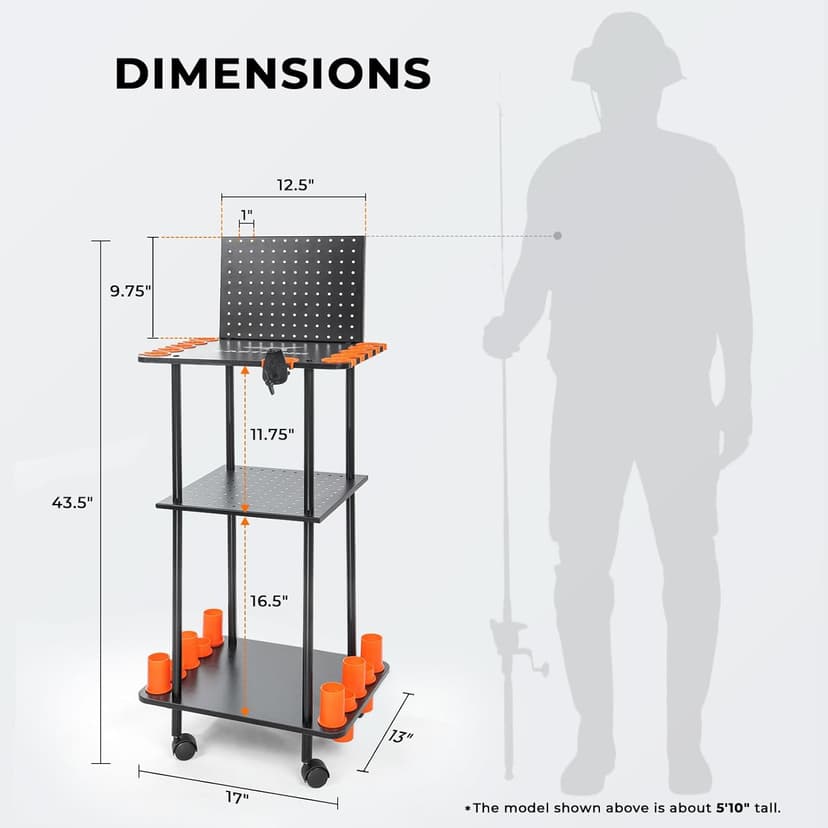 KastKing V10 Gear Trolley, Indoor Fishing Rod Holder for 10 Combos, 3-Tier Fishing Accessory Shelves With Peg Wall, Patented Built-in Line Spooler, Mobile Tackle Storage Cart With Locking Wheels