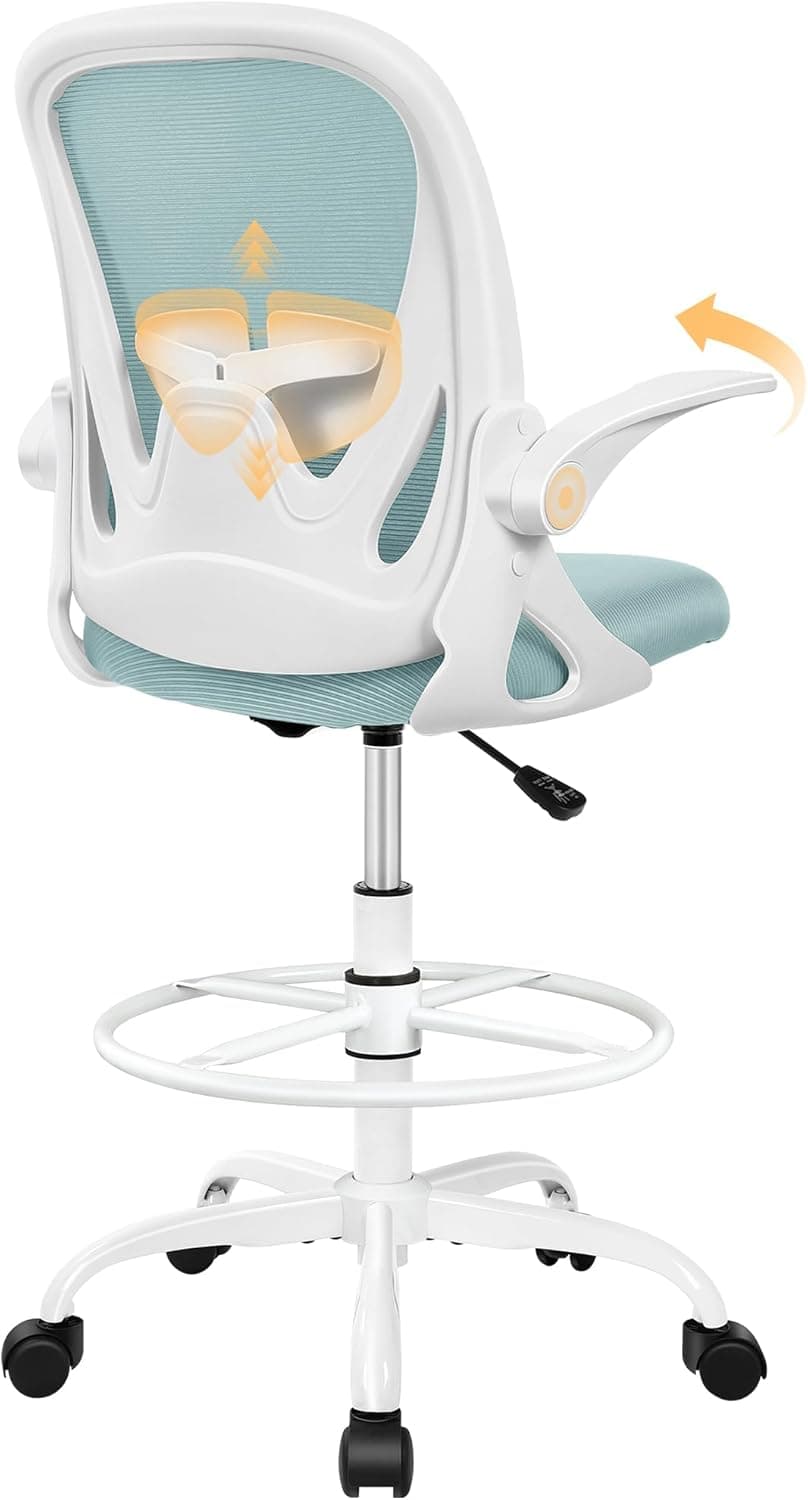 Primy Drafting Chair Tall Office Chair with Flip-up Armrests Executive Ergonomic Computer Standing Desk Chair with Lumbar Support and Adjustable Footrest Ring（Light Blue）