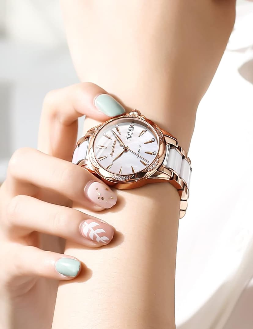 OLEVS Womens Big Face Automatic Watch, Diamond Accented Self Winding Dress Watch for Women, 50M Waterproof Day-Date Sapphire Crystal, Two Tone Stainless Steel Ceramic Band, White/Blue/Green/Red Dial