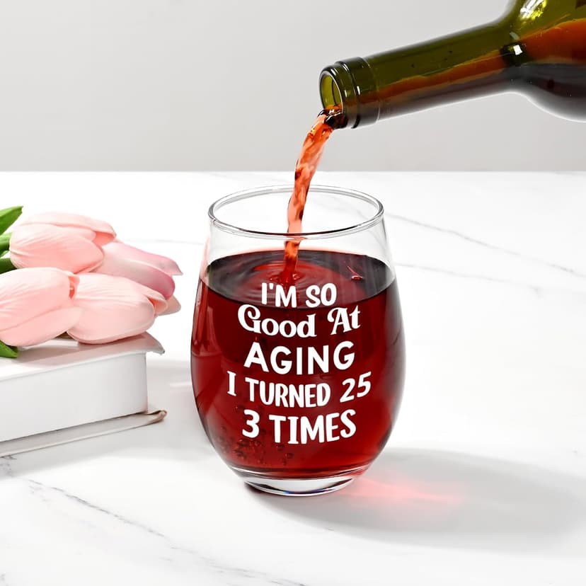 Futtumy 75th Birthday Gifts for Women, Turned 25 3 Times Wine Glass, Gifts for 75th Birthday Women Mom Grandma Wife Daughter Sister Friend Aunt Female, Funny 75th Birthday Decoration for Her, 17oz B0GKP1QFRF