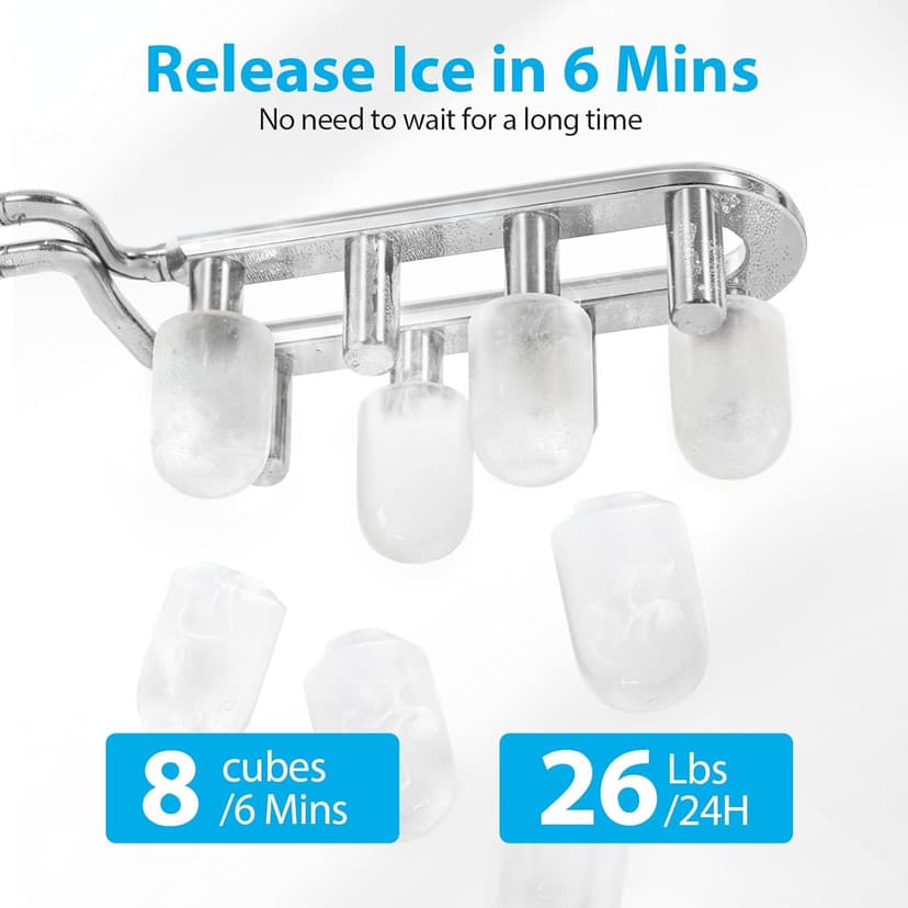 Aeitto Ice Maker Countertop 26lbs/24H, 8 Ice Cubes 2 Sizes of Bullet Ice Ice Machine Ready in 6 Mins, Portable Ice Makers with Basket & Scoop, Auto Self-Cleaning for Home/Kitchen/Office Stainless