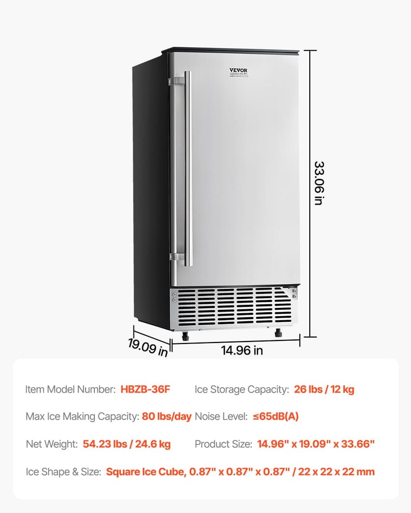 VEVOR Under Counter Ice Maker, 80 Lbs/Day Stainless Steel Built-in Ice Makers Machine with Drain Pump Reversible Door, 26lbs Storage Freestanding Ice Maker for Commercial Home Kitchen