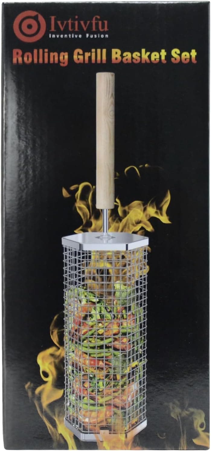 Rolling Grill Basket, Removable Wooden Handle, 304 Stainless Steel, Nesting Grilling Tools, Smoker BBQ Accessories for Vegetable, Outdoor Cooking Camping, Birthday Gifts for Men Dad Husband