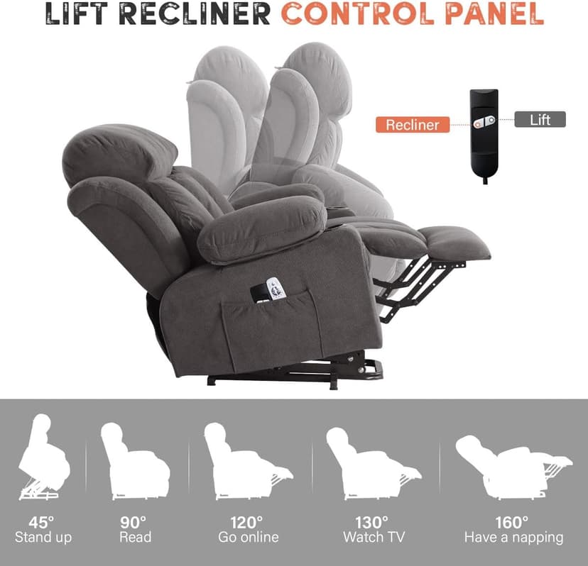 BOSMILLER Power Lift Recliner Chair with Massage and Heat for Elderly, Electric Recliner Single Sofa with Two Cup Holders, Extended Footrest, Side Pocket and USB Charge Port for Living Room