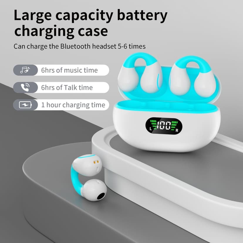 Clip On Earbuds, Bluetooth 5.3 Lightweight Comfort Bone Conduction Open Ear Headphones with LED Digital Display Charging Case Sport Built-in Mic IPX7 Waterproof for Running Fitness Android,Light Blue1