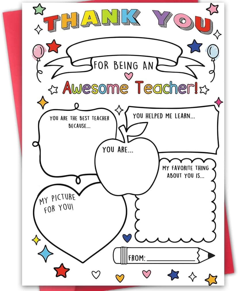 Fill in the Blanks,Teacher Thank You Gifts Idea from Kids Students with Envelopes,Premium 8x5.3 Inch Cardstock,Blank Inside Hongshan Thank You Card for Teacher,Funny Appreciation Card Gift Decoration B0DQC6YMVT
