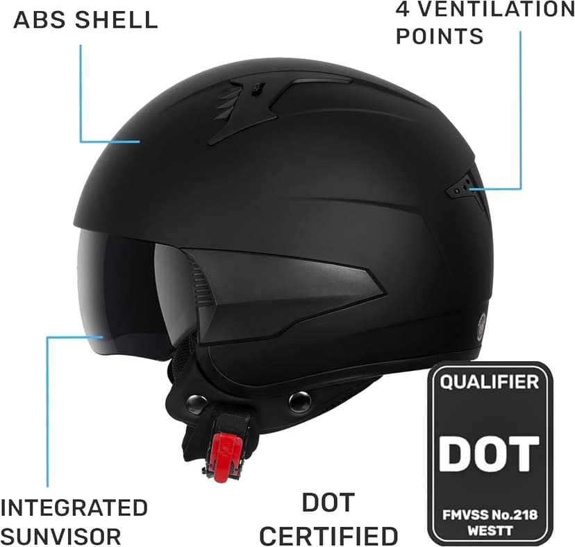 Westt Open Face Motorcycle Helmet, 3/4 Motorcycle Helmet DOT Approved, Lightweight Moped Helmet with Built-in Sun Visor, Quick Release Strap, Removable Washable Liner, Scooter Helmet for Adults