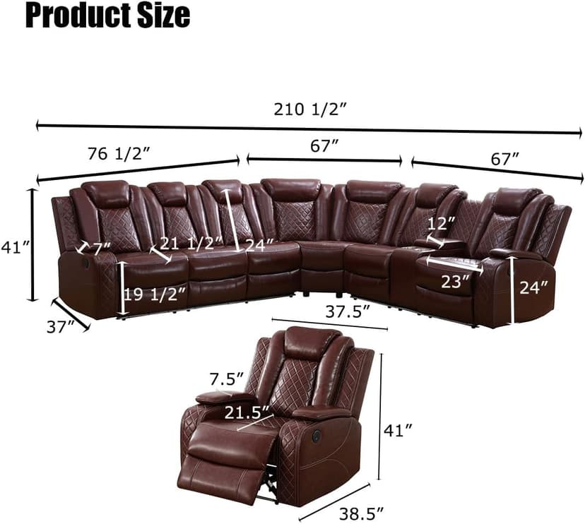 Toseslo Power Reclining Sectional Sofa Set with LED Light,Leather Sectional Couches, Living Room Furniture Sets, Modern Power Recliner Sofa Sets with Cup Holder for Living Room(Brown)
