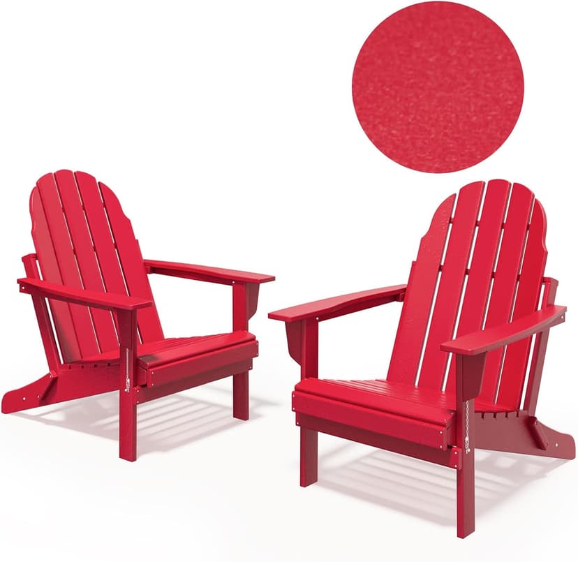 BUPPLEE Folding Adirondack Chair, 450 LBS Heavy Duty HDPE Poly Lumber Fire Pit Chair for Outside, All-Weather Resistant Plastic Adirondack Chairs for Patio, Garden, Deck & Backyard, Red