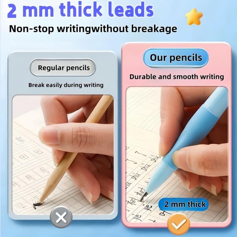 Handwriting thick mechanical pencils with grip: 2.0MM HB Pencil for kids with 14 leads (6 pack)