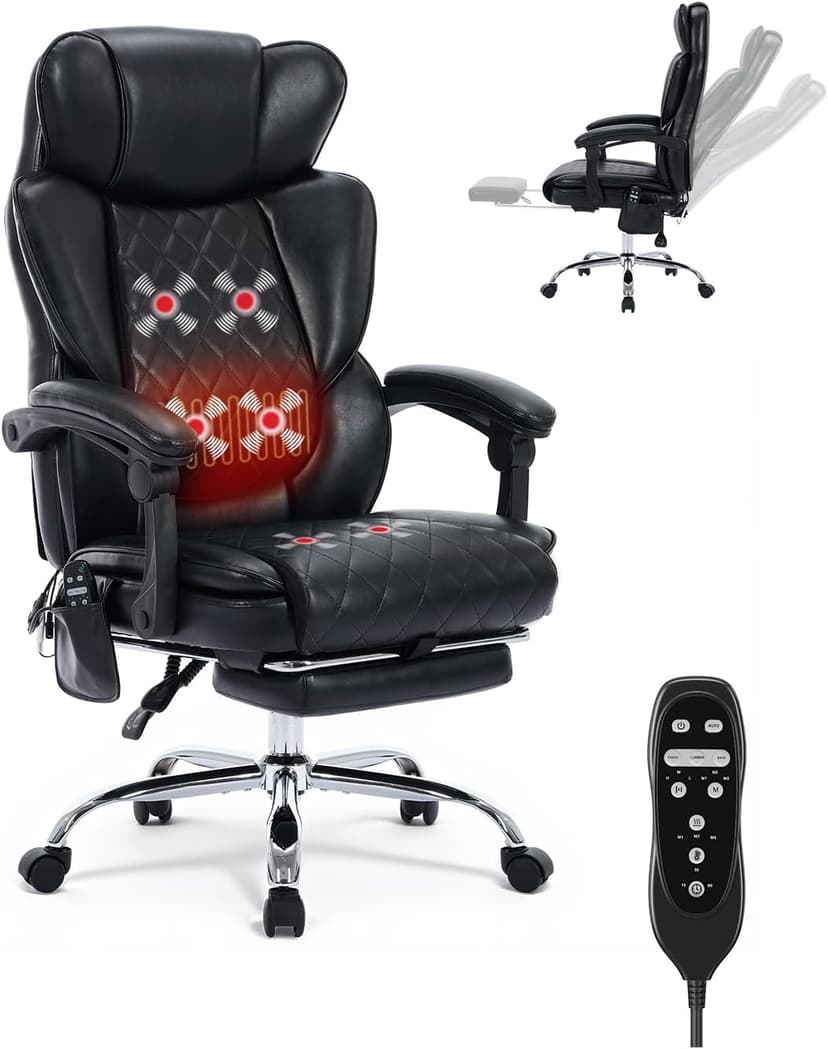 500LBS Massage Office Chair with Foot Rest, 6 Points Vibration and Heat Home Office Desk Chairs, 22.05” Wide Big and Tall Office Chair for Heavy People, Ergonomic Reclining Gaming Chairs, Black