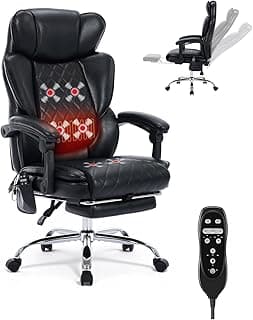 500LBS Massage Office Chair with Foot Rest, 6 Points Vibration and Heat Home Office Desk Chairs, 22.05” Wide Big and Tall Office Chair for Heavy People, Ergonomic Reclining Gaming Chairs, Black
