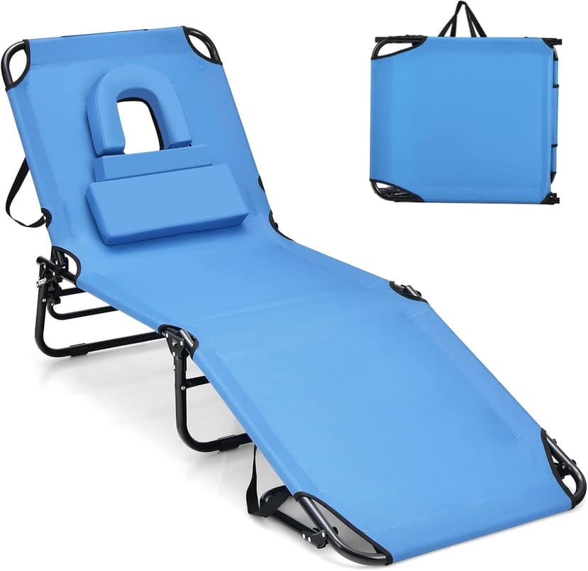 GYMAX Tanning Chair, 330lbs Beach Lounge Chair with Face Hole, Washable Pillow & Carry Strap, Adjustable Folding Chaise Lounge, Layout Lounger for Outside, Patio, Poolside, Lawn (1, Blue)