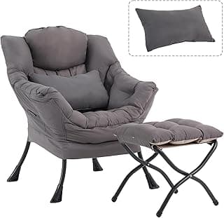 Lazy Chair with Ottoman, Modern Accent Chair with Lumbar Pillow, Dark Grey Sofa, Armchairs with Folding Footrest, Oversized Supportive Chairs for Bedroom, Reading