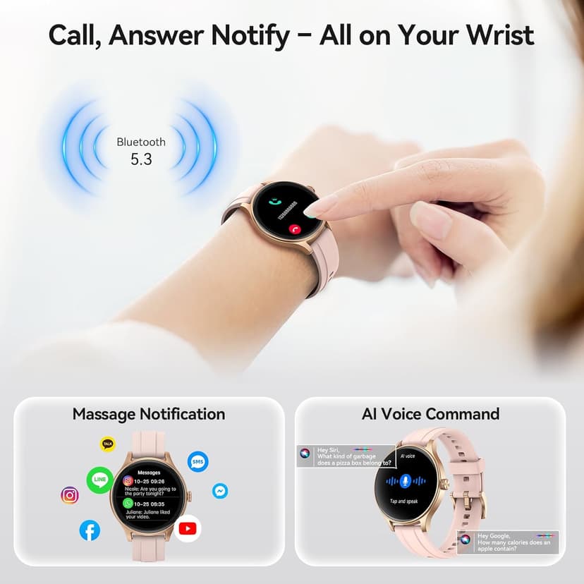 Smart Watches for Women (2 Bands), 1.27" Round Fitness Watch for Android iPhone with Bluetooth Calls (Make/Answer), AI Voice Command, Heart Rate/SpO2/Sleep Monitor, 12 Days Battery, IP68 Waterproof