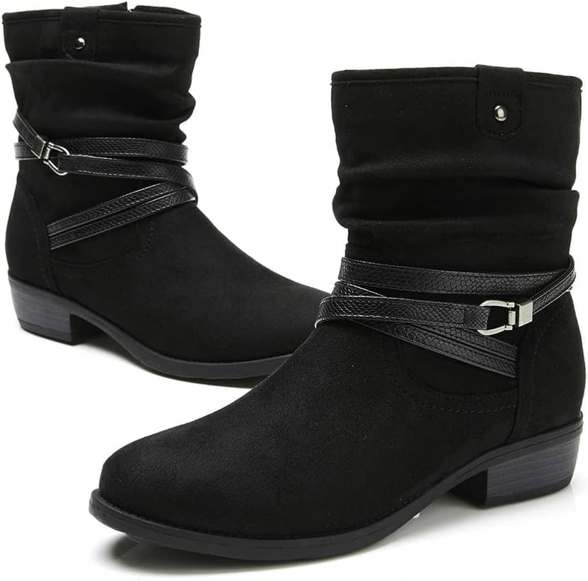 VJH confort Women's Mid Calf Boot,Round Toe Low Heel Comfort Slouchy Bootie with Side Zipper Buckle Strap