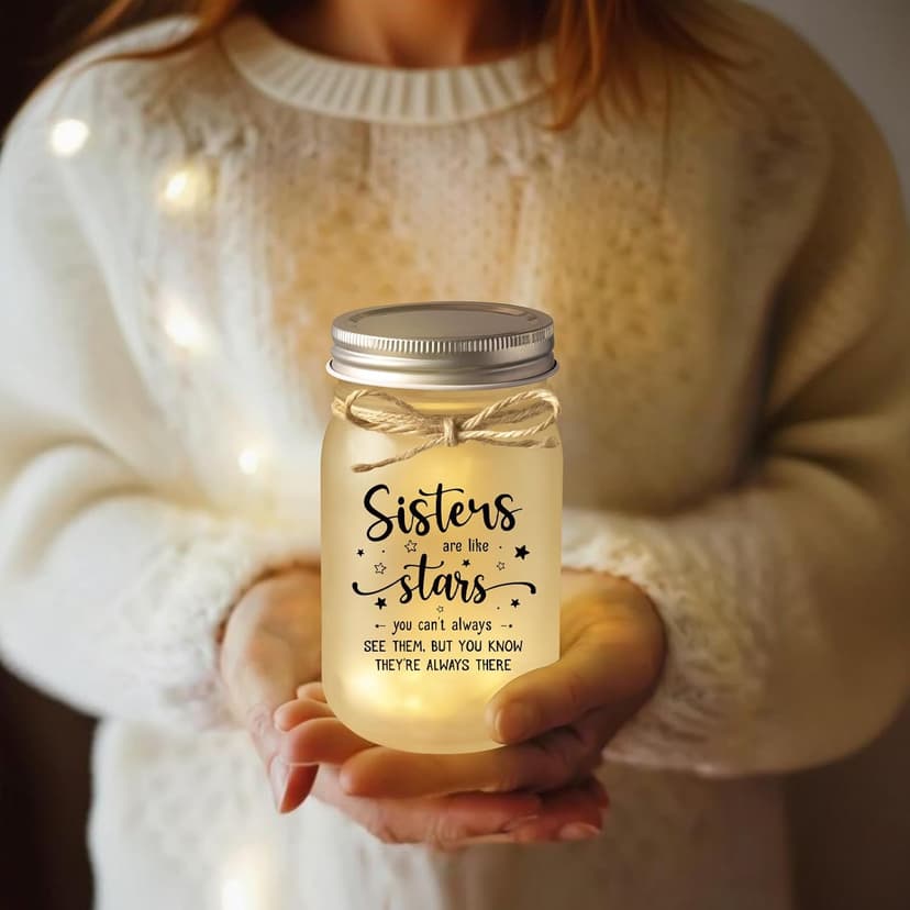Mason Jar Night Light Gifts for Sister, Sister Birthday Gifts, Sisters Gift for Women, Soul Sister, Best Friend, Long Distance Night Light Gift for Mothers Day Christmas