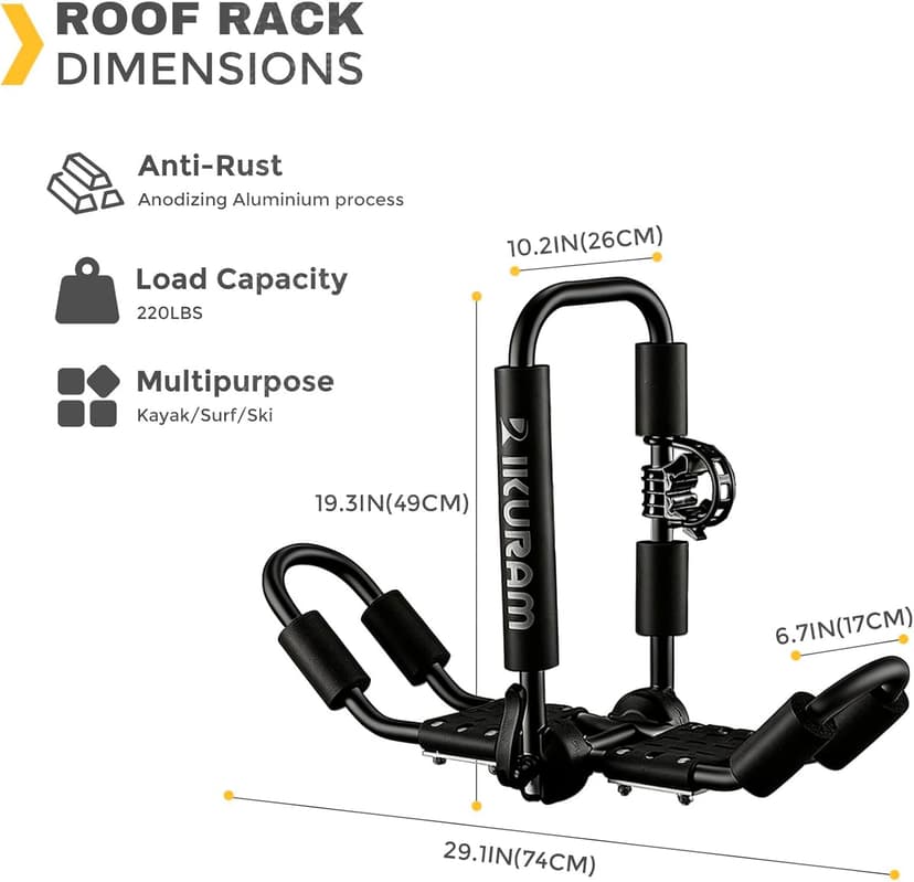 Kayak Roof Rack, Aluminum Kayak Carrier Folding J-Style Universal 4-in-1 Multifunction for Canoe, SUP, Kayaks, Surfboard Rooftop Mount on SUV, Car and Truck Crossbars, Black