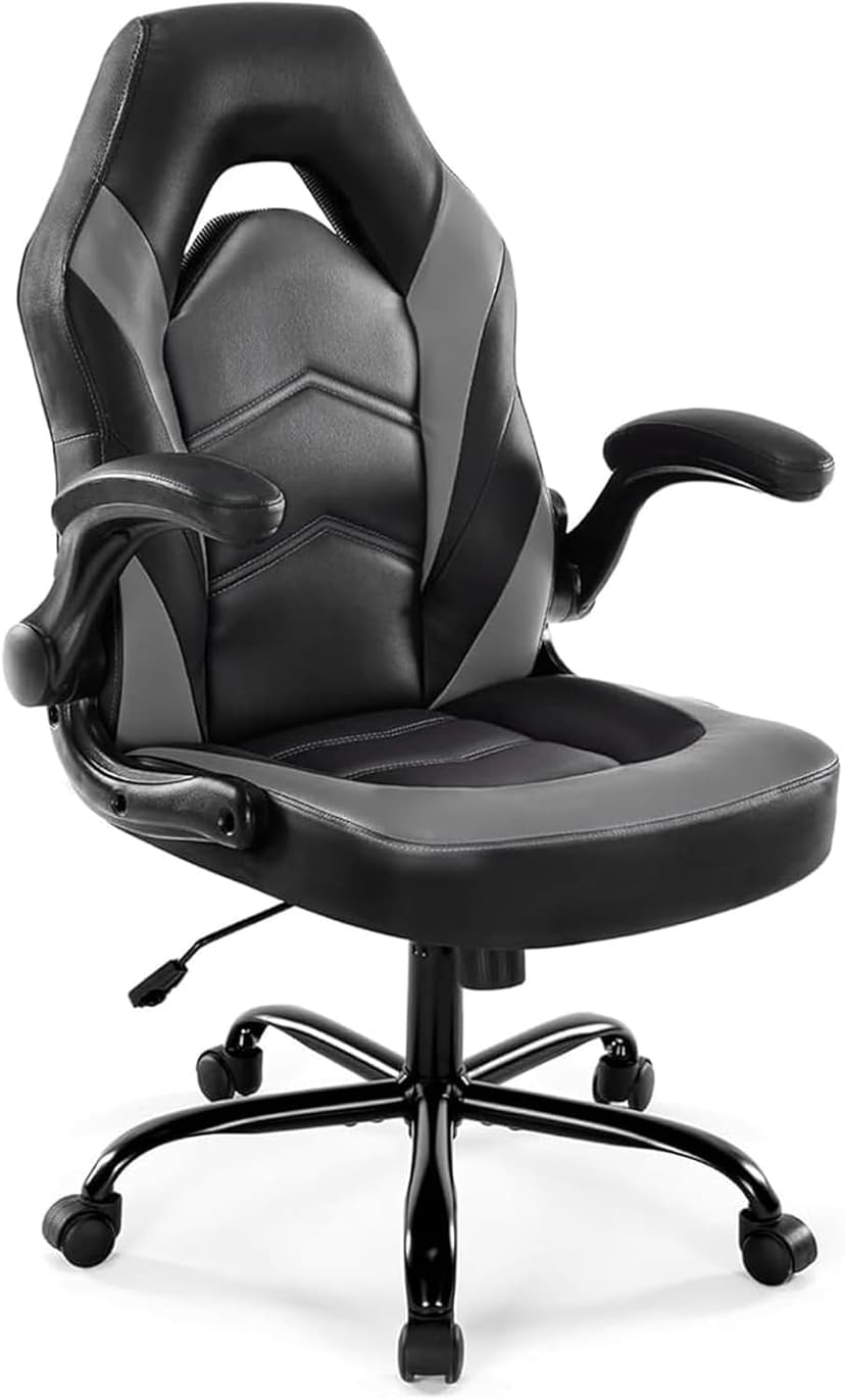 DUMOS Ergonomic Computer Gaming Chair with Flip-up Armrest, Height Adjustable PU Leather Home Office Desk Chair with Lumbar Support Swivel Wheels and for Adults and Kids, Black and Gray