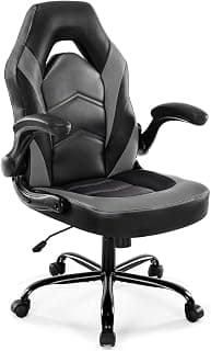 DUMOS Ergonomic Computer Gaming Chair with Flip-up Armrest, Height Adjustable PU Leather Home Office Desk Chair with Lumbar Support Swivel Wheels and for Adults and Kids, Black and Gray