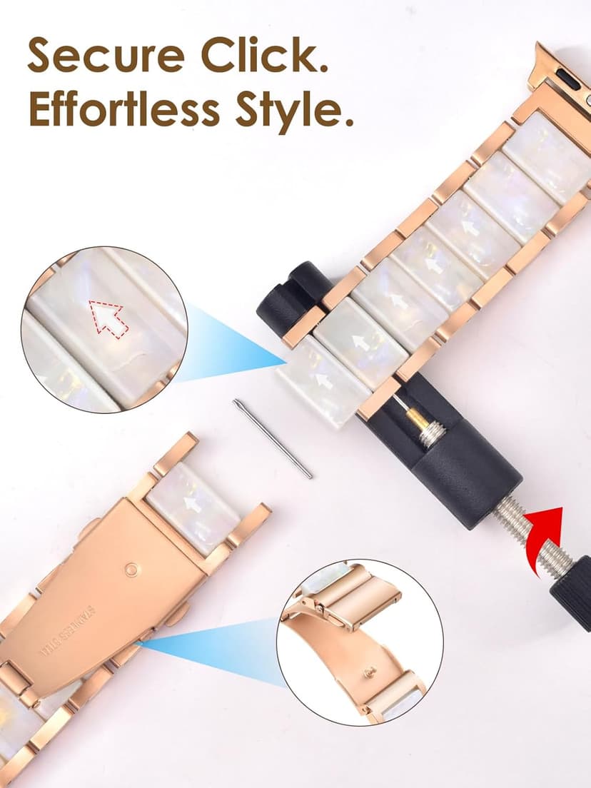 V.R.HOPE Apple Watch Band for Women 38mm 40mm 41mm 42mm Fashion Rose Gold Stainless Steel Metal Strap with Resin Inlay, Fashion Bracelet Compatible with iWatch Series 11/10/9/8/7/6/5/4/3/2/1/SE (Fluorescent White+Rose Gold)