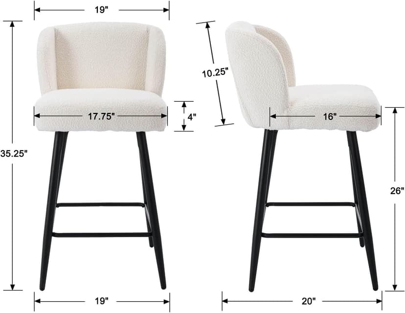 Modern Counter Height Bar Stools Set of 2, 26 Inch Faux Sherpa Upholstered Bar Stools with Back, 18" Seat Wide Island Stools with Black Metal Frame for Kitchen Counter/Breakfast Bar/Restaurant, White