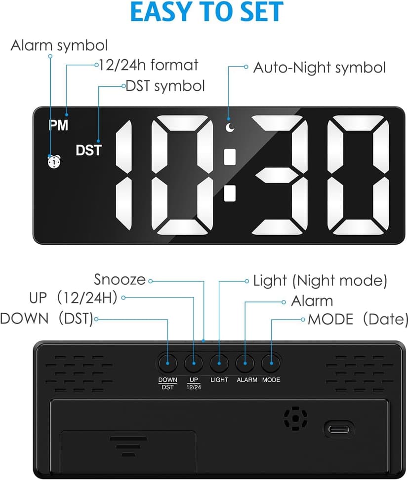 AMIR Digital Alarm Clock, [Upgraded Version] LED Clock for Bedroom, Electronic Desktop Clock with Type-C Port,Adjustable Brightness,DST,Snooze,12/24H Display for Home,Office