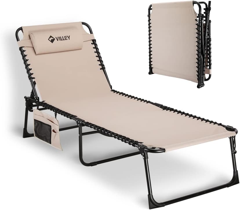 VILLEY Oversized Chaise Lounge Chair, Heavy-Duty Folding Outdoor Lounge Chair with 5 Adjustable Positions, Portable Trifold Beach Lounger for Patio, Beach, Lawn, Backyard, Camping – Beige