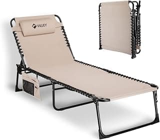 VILLEY Oversized Chaise Lounge Chair, Heavy-Duty Folding Outdoor Lounge Chair with 5 Adjustable Positions, Portable Trifold Beach Lounger for Patio, Beach, Lawn, Backyard, Camping – Beige