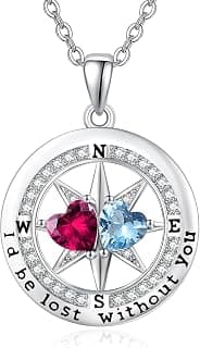 Exquisite Silver Double Birthstone Necklace Jewelry ‘I'd be Lost Without You’ Compass Birthstones Necklace Anniversary Birthday Gift for Wife Her B0GRGDWLWL